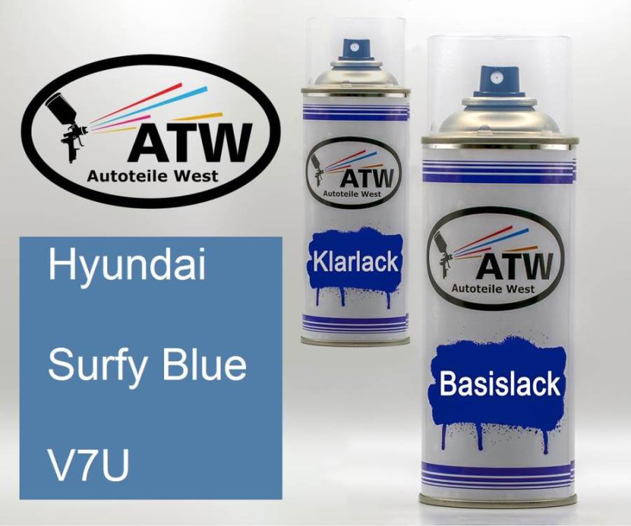 Hyundai, Surfy Blue, V7U: 400ml Sprühdose + 400ml Klarlack - Set, von ATW Autoteile West.